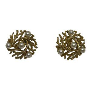 Vintage Signed Lisner 1950s Gold-Tone Faux Pearl Screw Back Earrings
